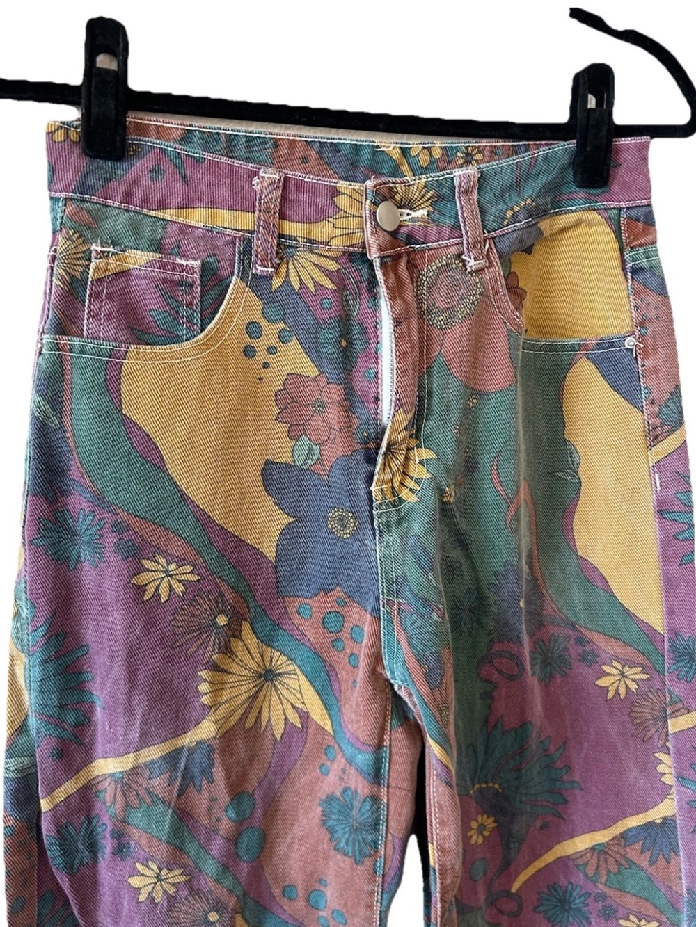 Vintage Psychedelic Floral Wide Leg Jeans Multi Colored Hippie Boho Festival S/M - Picture 5 of 15